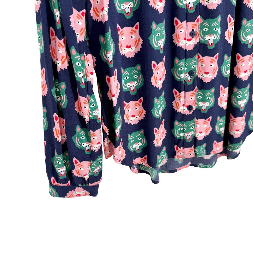 Anthropologie Liv Lee Small Navy Tigers Whimsy Buttondown Shirt Blouse Top - Picture 6 of 9
